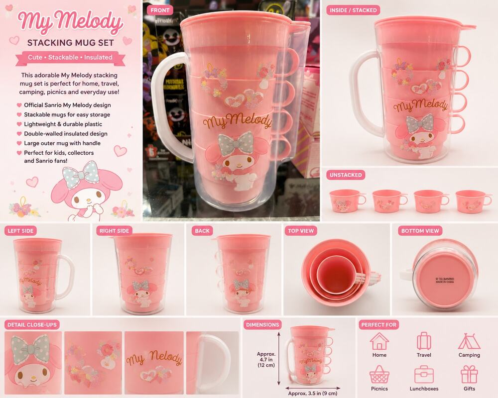 My Melody Stacking Mug Set – Pink Plastic Cups with Handle | Sanrio Drinkware